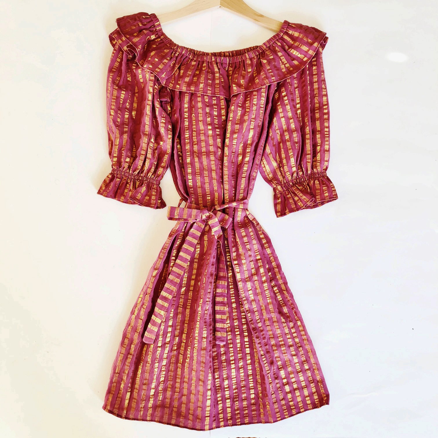 Isla Re-purposed Puff Sleeve Dress in Berry Metallic Stripe