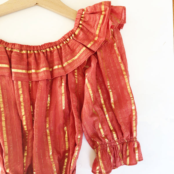 Isla Re-imagined Puff Sleeve Dress in Rust metallic Stripe