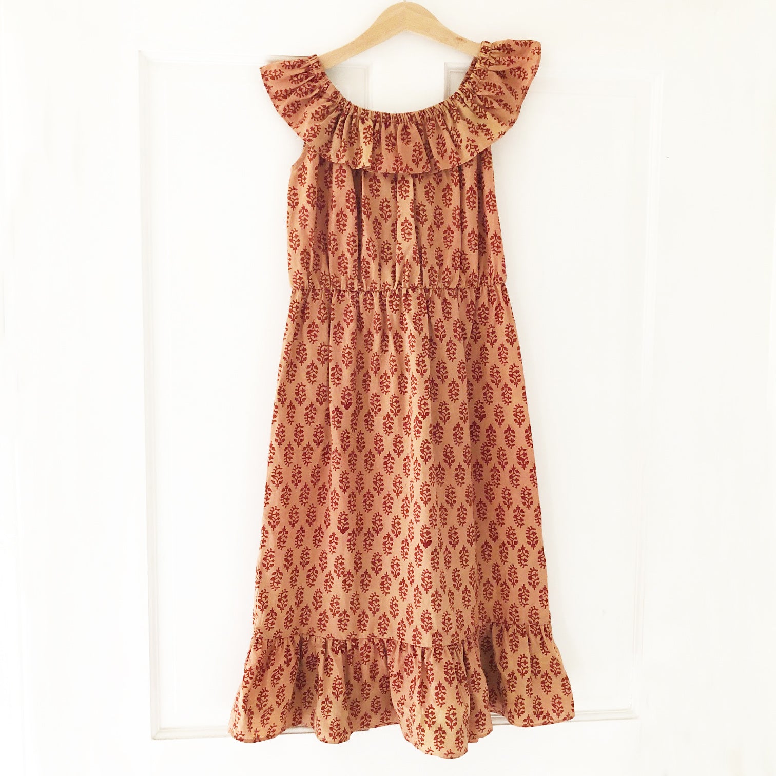 Ella Re-imagined Ruffle Top Dress In Rust block print