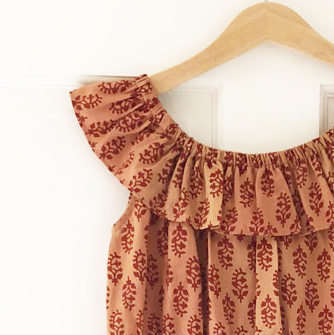 Ella Re-imagined Ruffle Top Dress In Rust block print
