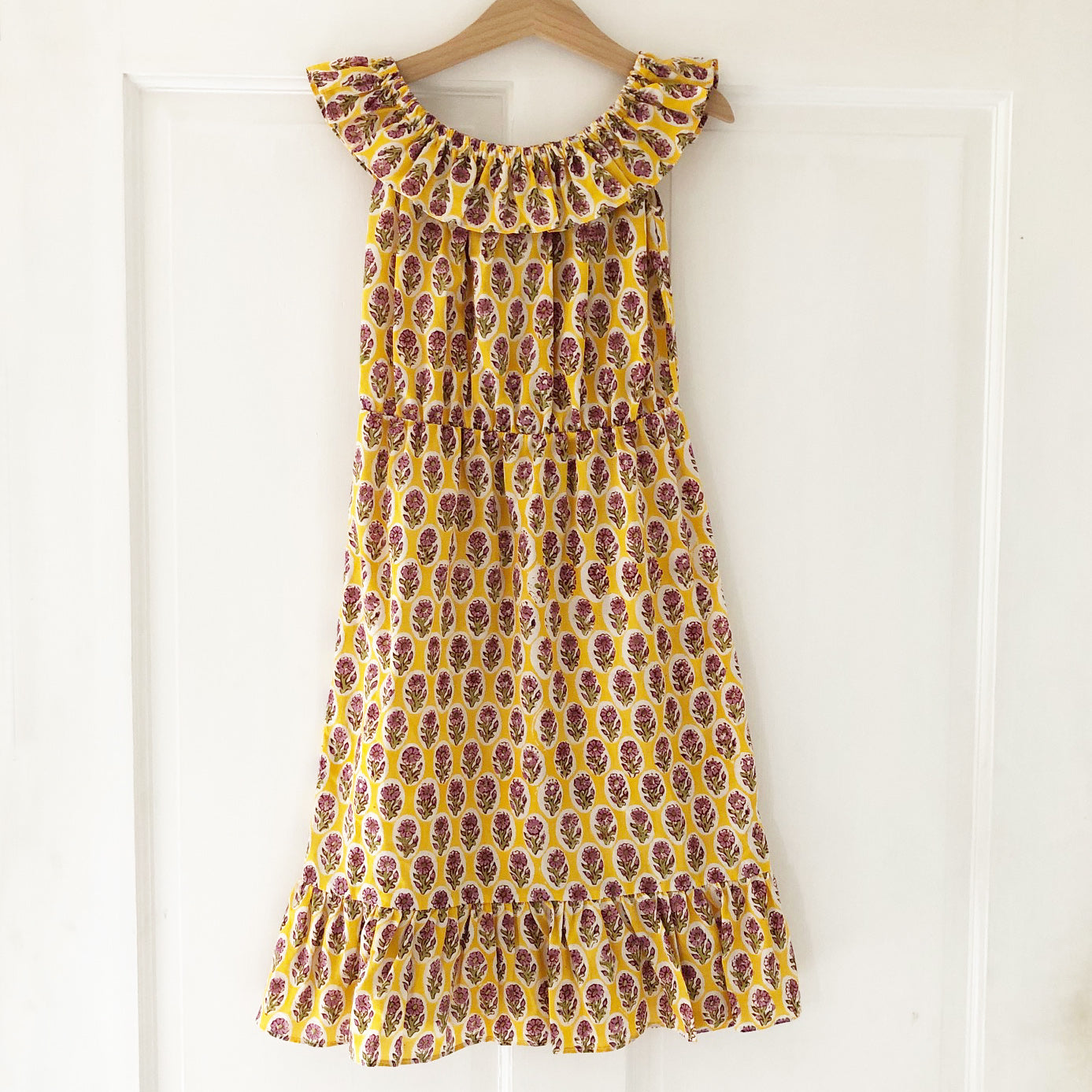 Ella Re-purposed Ruffle Top Dress in Yellow block print size 4