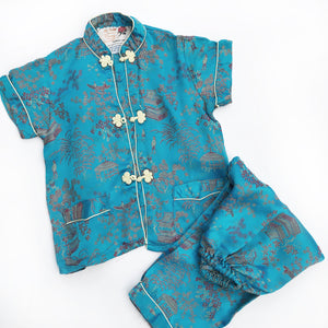 Vintage Turquoise Jaquard Cheongsam pajamas size 4